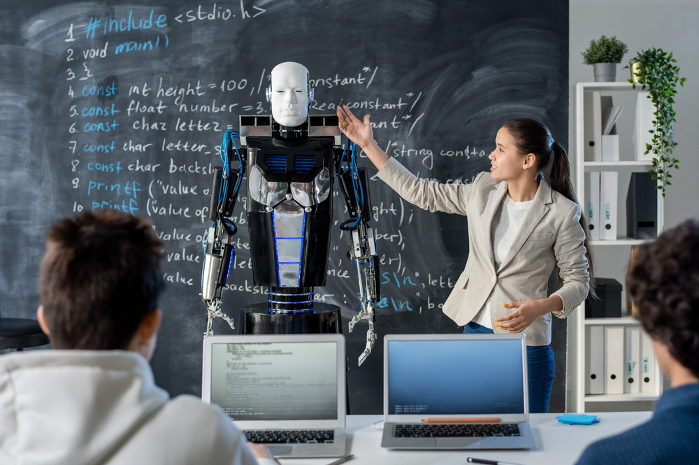 Students using AI-powered tablets in a futuristic classroom setting