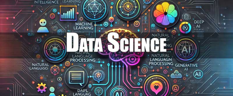 An infographic showing key concepts of Data Science including machine learning, tools, and technologies used for business optimization and data analysis